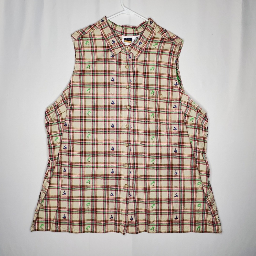 CST Sport Sleeveless Button Collar Top Women 4X Sailboat Plaid Palm Tree Coastal